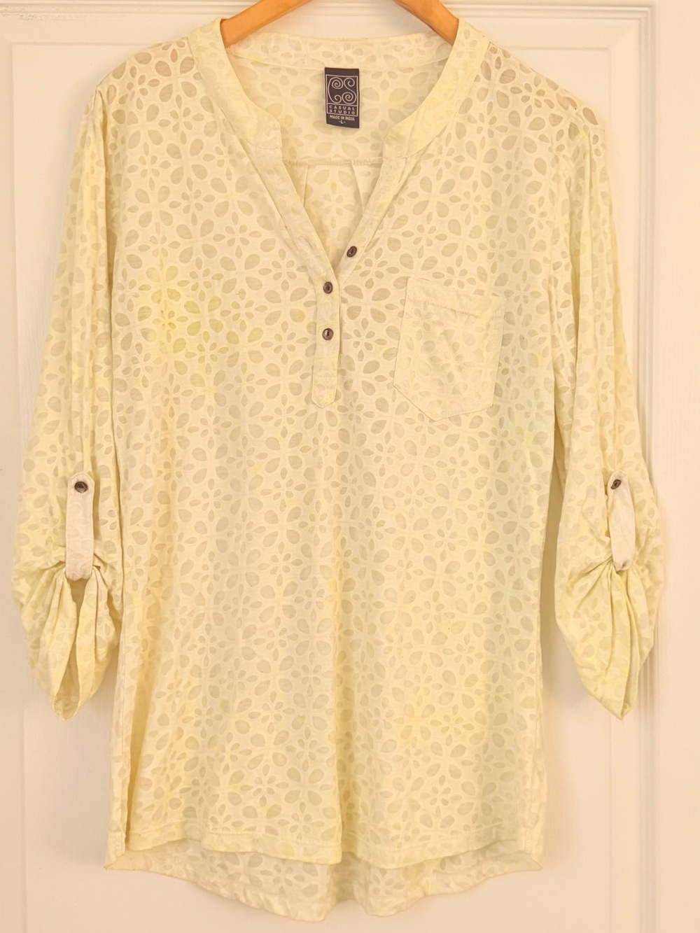 Casual Studio Women’s Light Yellow Floral Henley Long Sleeve Shirt